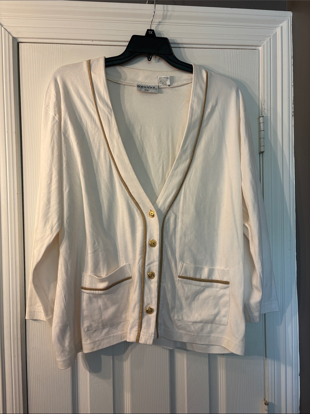 Vintage 80s 90s Bob Mackie Cardigan White Gold Trim Grandma core Holiday Size L